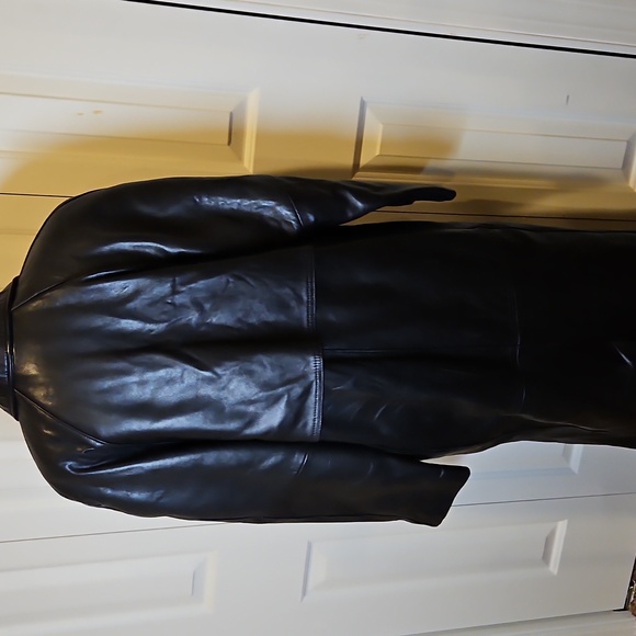 Vintage Reed Elegant Black Leather Coat Trench S Long Buttons - Picture 9 of 12